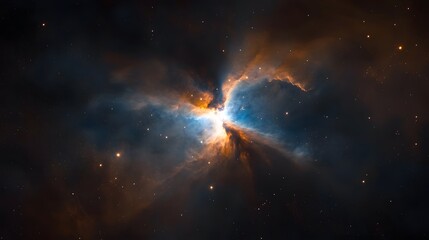 Obraz premium Dramatic cosmic explosion in vibrant swirling nebula cloud with bursts of colorful light and energy dispersing through the dark mysterious depths of the universe