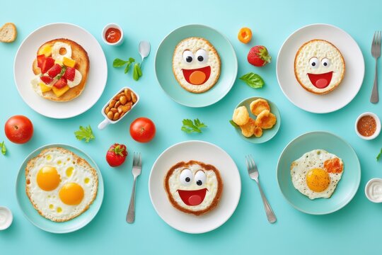 Cheerful breakfast faces bring joy to morning meals with playful arrangements of delightful dishes