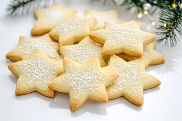 Delightful star-shaped shortbread cookies dusted with powdered sugar set against a bright white background