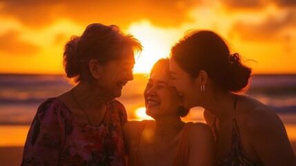 golden sunset embrace three generations of women on the beach