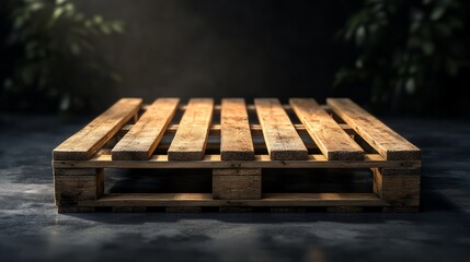 A heavy-duty wooden pallet with thick planks and sharp edges, floating on black
