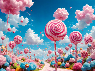 Surreal candy land with pink and blue sweets and fluffy pink clouds on blue sky. Wonderland concept.