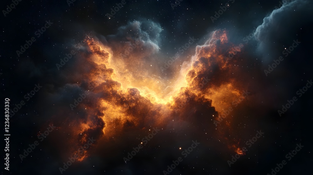 Poster Dramatic cosmic explosion with fiery turbulent clouds of energy erupting in the depths of the universe  Powerful intense galactic forces and stellar phenomena creating a celestial spectacle