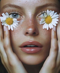 A woman with huge eyes and lashes, hands on her face, wearing daisy flower eyelashes,  white flower petals glued to her eyelashes.Minimal creative makeup and fashion editorial concept with copy space.