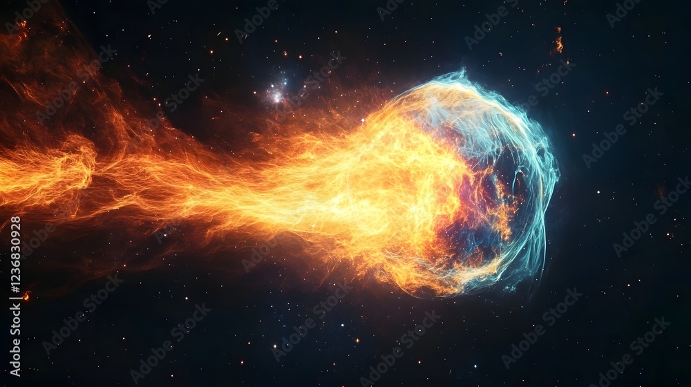 Poster dramatic fiery cosmic explosion in a starry galaxy universe setting this abstract digital art depict