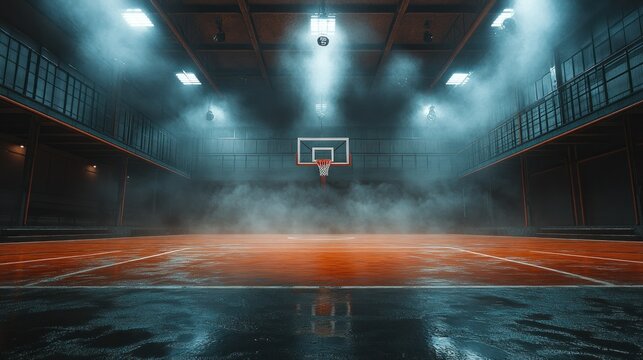 Industrial basketball court interior with smoke and spotlights