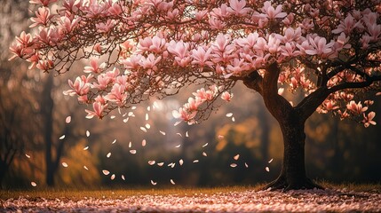A high-resolution photo of a blooming pastel-colored magnolia tree in a city park, with delicate petals scattered on the grass