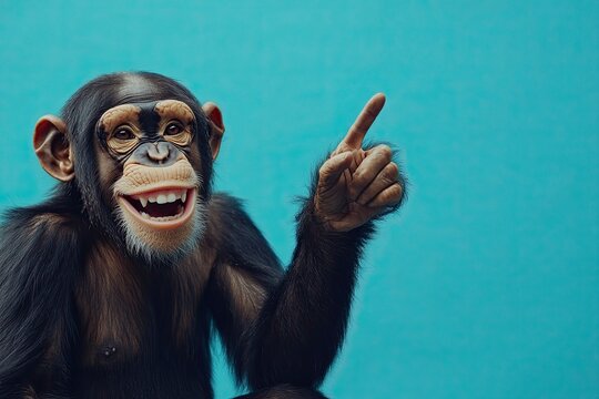 the chimpanzee monkey smiles, pointing his finger to the side. place for text. plain color background.