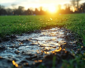 Fototapeta premium Muddy Soccer Field After Rainstorm with Puddles and Cleat Marks