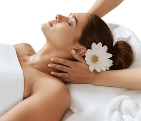 Woman receiving massage in a spa isolated on a transparent background, Cutout PNG