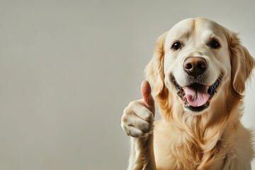 the dog smiles and shows an approving thumb up. Wide banner with copy space. plain color background.