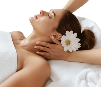 Woman receiving massage in a spa isolated on a transparent background, Cutout PNG