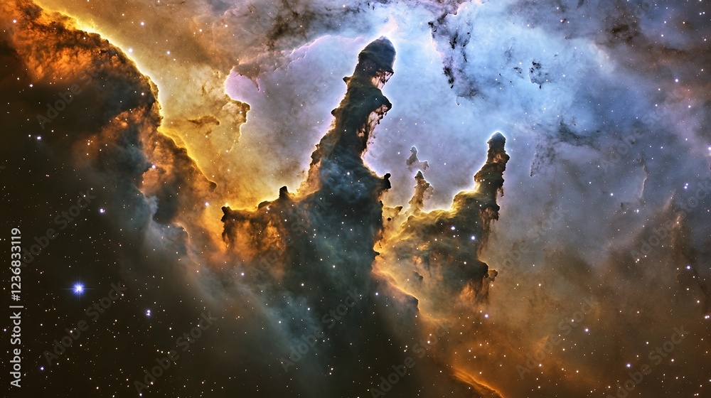 Poster majestic fiery cosmic cloud in dramatic galactic scenery of glowing nebula luminous stellar formatio