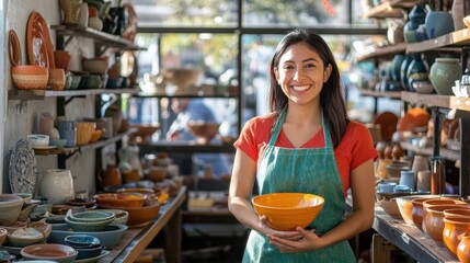 smiling woman owning pottery shop holding bowl