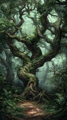 Ancient Twisted Oak in Enchanting Forest