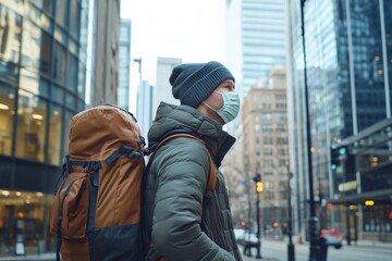 Urban Explorer with Backpack and Mask on a City Street Surrounded by Modern Skyscrapers, Capturing the Essence of Adventure and Resilience in Contemporary Life