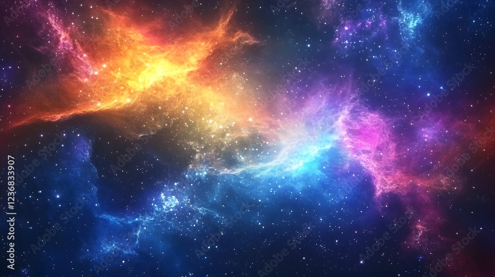 Poster mesmerizing and vibrant image of a cosmic explosion erupting with swirling galaxies nebulas and cele