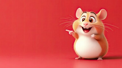Fototapeta premium the hamster smiles, pointing his finger to the side. place for text. cartoon look. plain color background.