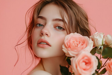 Fototapeta premium Young woman with brunette hair and pink romantic rose flowers in front of pastel studio background