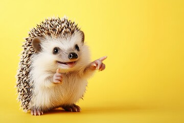 Obraz premium The hedgehog smiles, pointing his finger to the side. place for text. from the side of the frame. cartoon look. plain color background