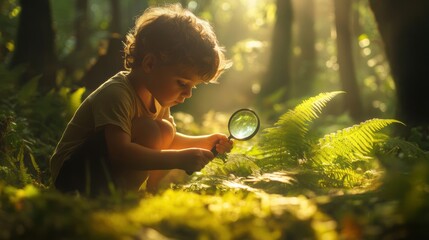 child exploring nature with magnifying glass