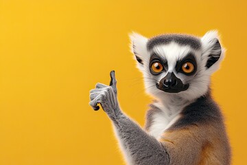 Fototapeta premium the lemur smiles, pointing his finger to the side. place for text. cartoon look. plain color background