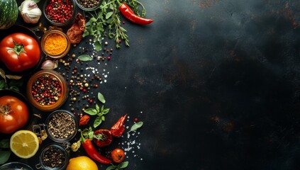 Fototapeta premium Vibrant spices, herbs, and vegetables arranged on a dark background with copy space.