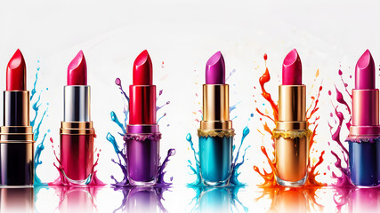 Obraz premium Lipstick mockup on white background with splashes of colors. presentation of premium cosmetics. illustration