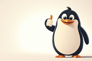 Fototapeta premium the penguin smiles and shows an approving thumbs up. Wide banner with copy space. cartoon look. plain color background