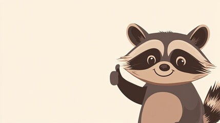 Obraz premium the raccoon smiles and shows an approving thumb up. Wide banner with copy space. plain color background