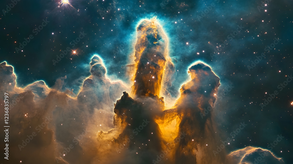 Poster Mesmerizing Cosmic Explosion in Vivid Nebula Landscape   Breathtaking view of a dramatic colorful celestial phenomenon with glowing clouds swirling energy