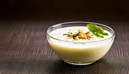 Indian white Sheer Khurma food in transparent bowl, restaurant table background, copy space
