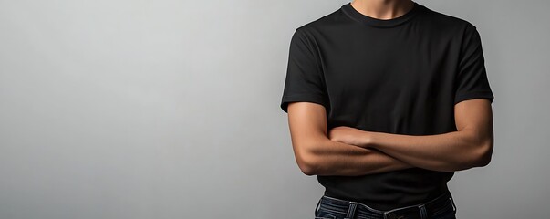 A faceless model in a black t-shirt and jeans showcases minimalist indoors.