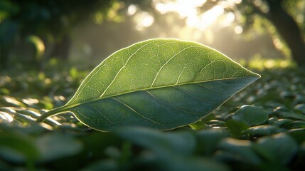 Lush forest leaf bathed in morning sun