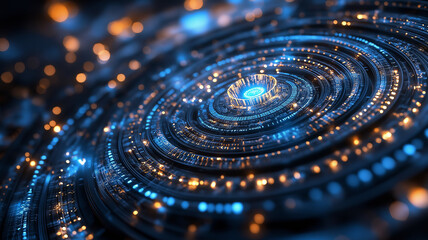 Futuristic glowing blue and orange digital circuit design