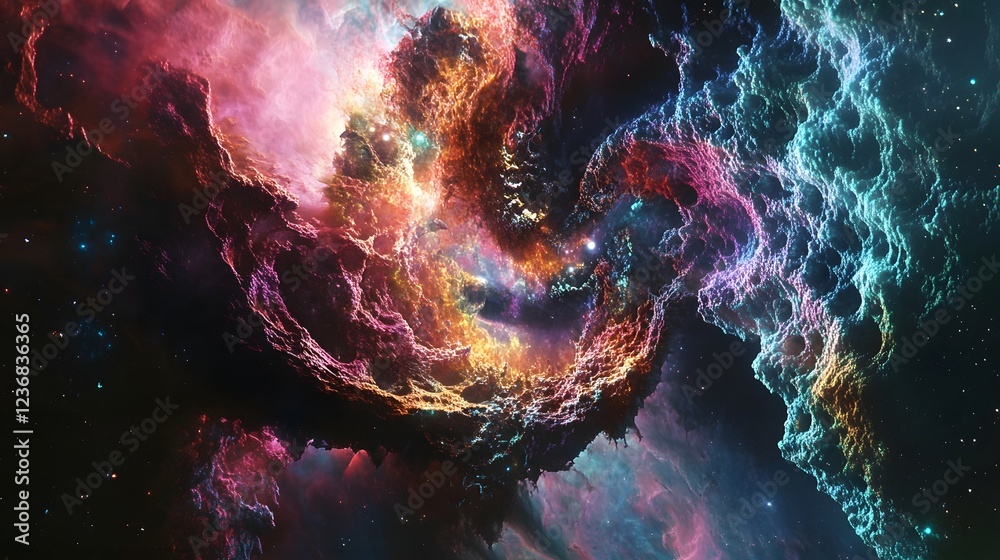 Poster Mesmerizing Cosmic Explosion of Vibrant Swirling Colors and Lights in a Surreal Fractal Space Scene  Captivating abstract digital art with a powerful