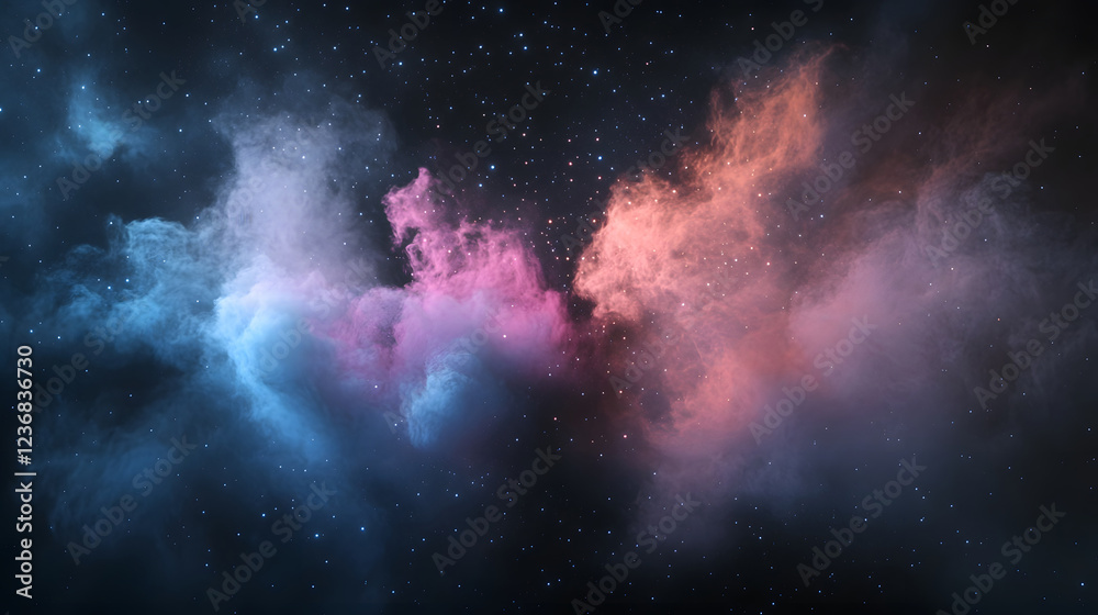 Poster mesmerizing cosmic nebula explosion with vibrant swirling clouds of colorful energy and a glowing st