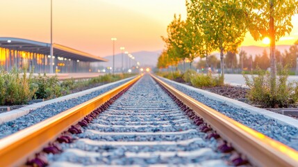 Fototapeta premium Train tracks sunset station journey travel