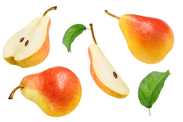 Pear fruit isolated. Set of red yellow ripe juicy whole pears with green leaf and slices isolated on white background