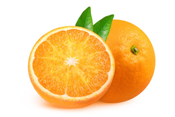 whole and half orange with leaves on isolated white background.