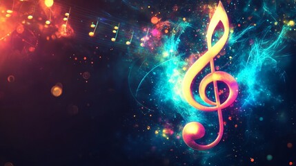 Mesmerizing glowing music clef radiating vibrant colors against a dark background, symbolizing magic