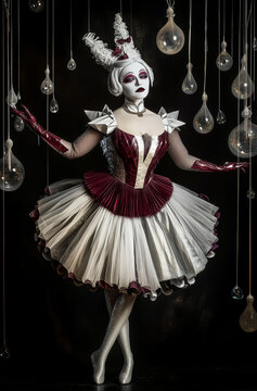 A beautiful female circus ringleader with porcelain-like makeup, wearing origami costume, stands on stage surrounded by hanging glass droplets, against a black background.