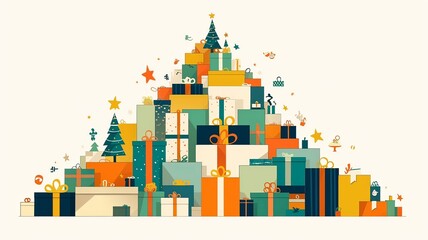 Fototapeta premium A cheerful vector illustration of a pile of gifts with bright colors on a white background, perfect for celebrating special events like Mother's Day or Father's Day.