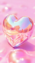 Fototapeta premium Shiny, iridescent heart against pastel pink background.Minimal creative Valentine's holiday concept.Copy space,flat lay 