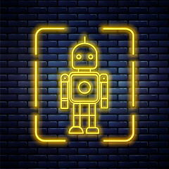 Retro style yellow neon vector icon robot scanning illustration, working robot, process, computer and technologies.