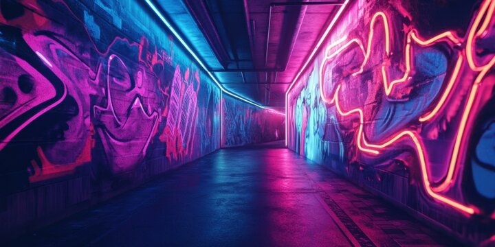 Vibrant urban alleyway illuminated by neon lights and colorful graffiti, suitable for nightlife promotions, art events, or urban culture themes.
