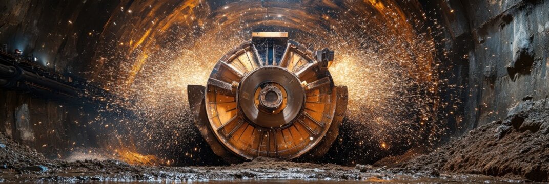A tunnel boring machine cuts through rock, creating sparks and debris in a dark underground environment.