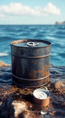 Naklejka premium A rusty metal barrel and a can sit on a dark rock near the ocean under a bright sky. The barrel shows signs of corrosion and age, with a slightly