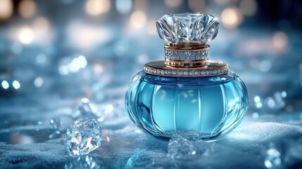 Luxurious blue perfume bottle on ice, sparkling background