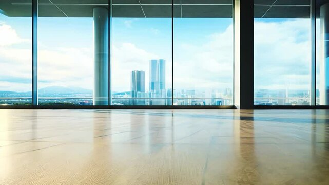 empty modern room with city view behind glass window